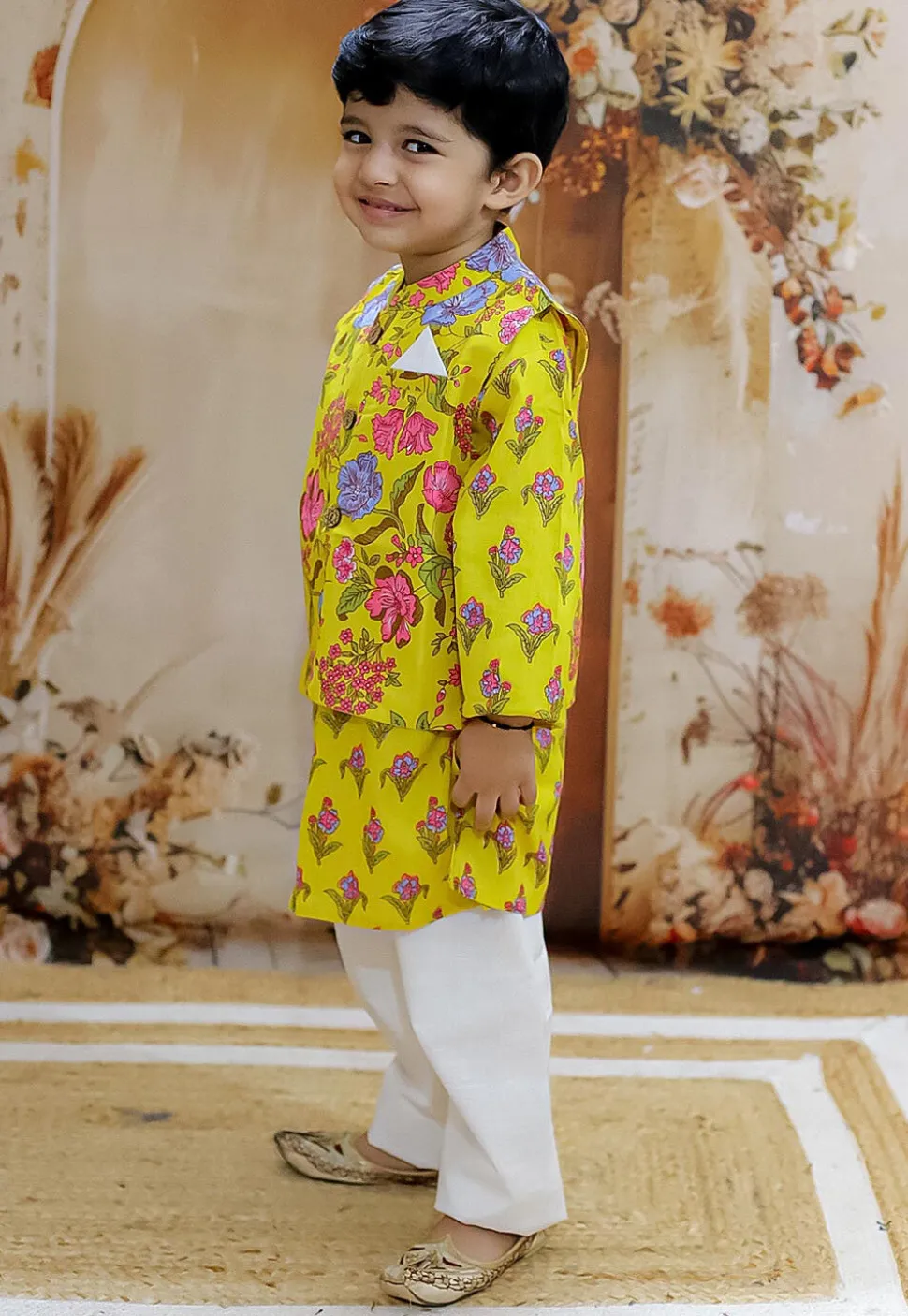 Printed Pure Cotton Kurta Set in Yellow