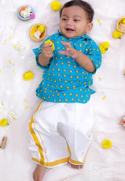 Printed Pure Cotton Kurta Set in Teal Blue