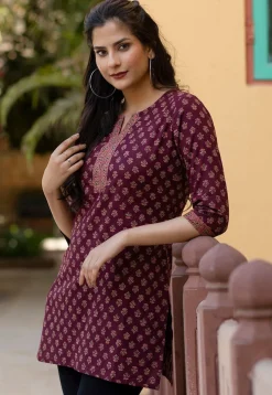 Printed Pure Cotton Kurti in Wine