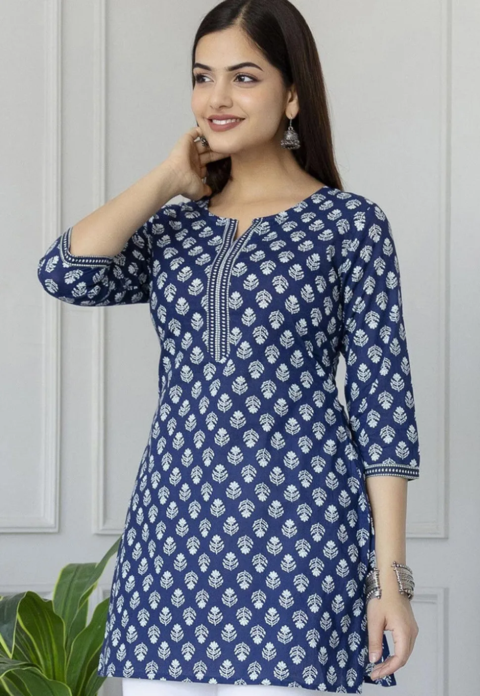 Printed Pure Cotton Kurti in Navy Blue