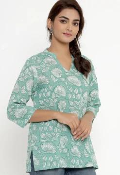 Printed Pure Cotton Kurti in Sea Green