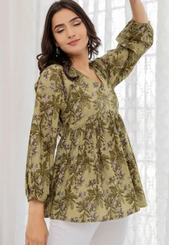 Printed Pure Cotton Kurti in Olive Green