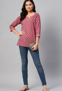 Printed Pure Cotton Kurti in Coral Pink