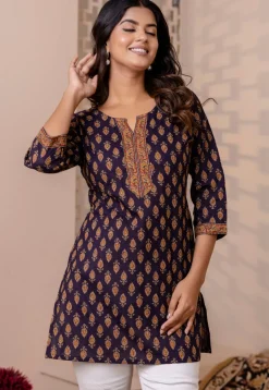Printed Pure Cotton Kurti in Navy Blue