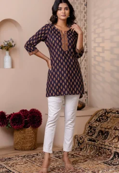 Printed Pure Cotton Kurti in Navy Blue