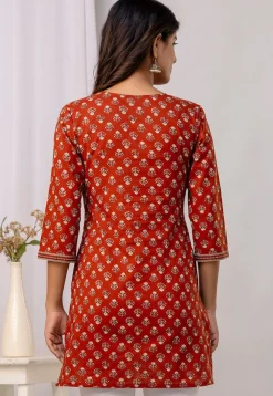 Printed Pure Cotton Kurti in Rust