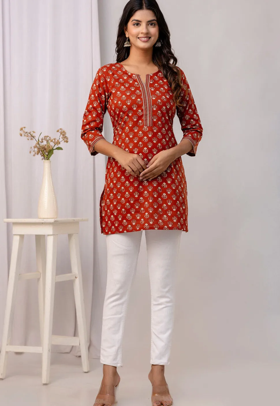 Printed Pure Cotton Kurti in Rust