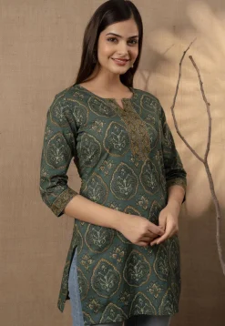 Printed Pure Cotton Kurti in Dusty Green