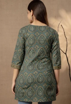 Printed Pure Cotton Kurti in Dusty Green