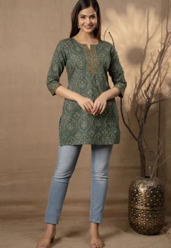 Printed Pure Cotton Kurti in Dusty Green