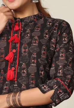 Printed Pure Cotton Lehenga in Black