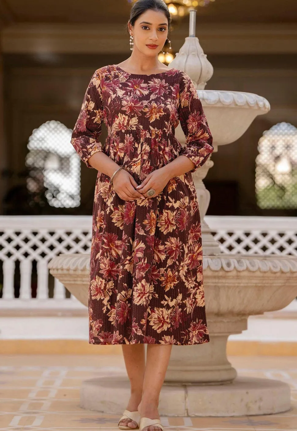 Printed Pure Cotton Lurex Aline Dress in Wine