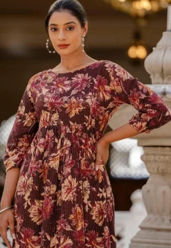 Printed Pure Cotton Lurex Aline Dress in Wine