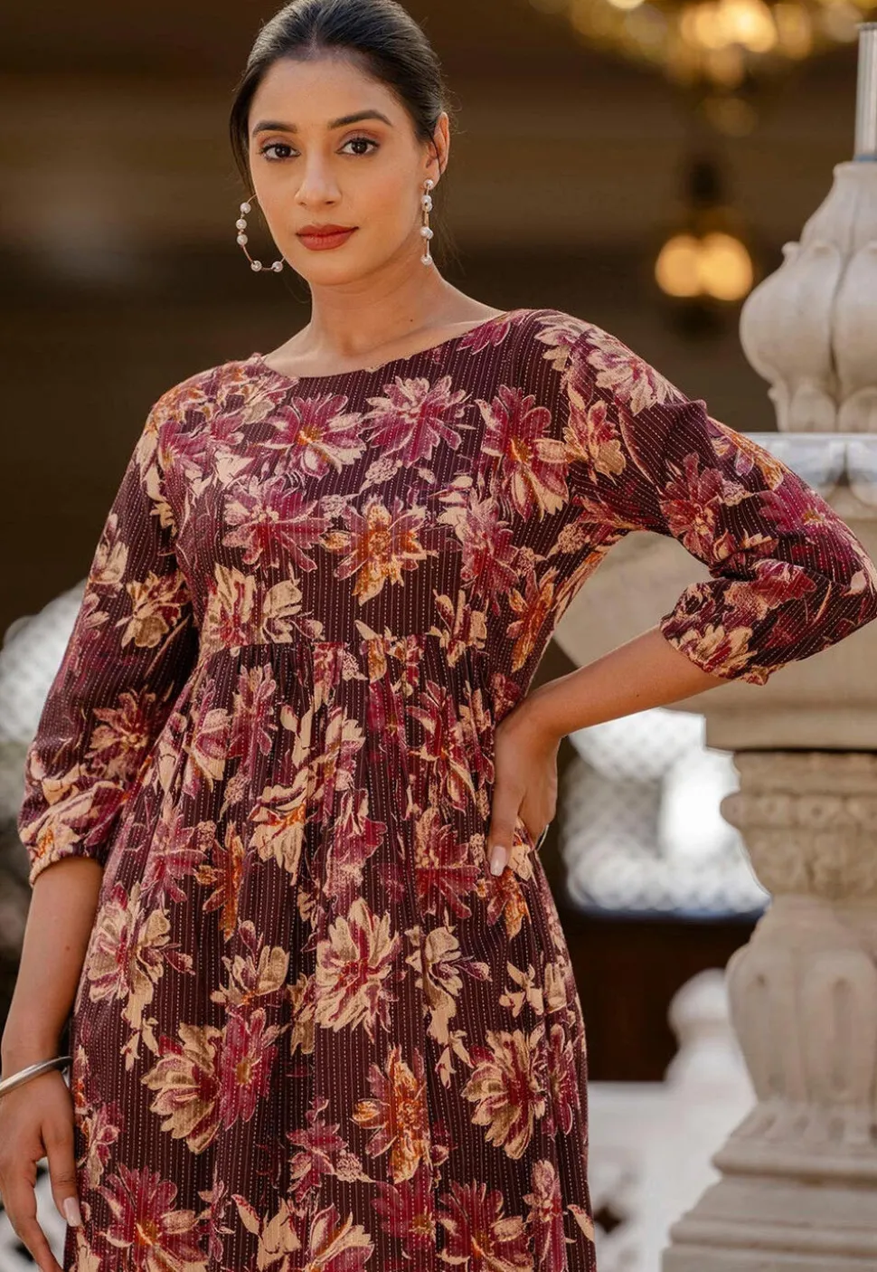 Printed Pure Cotton Lurex Aline Dress in Wine