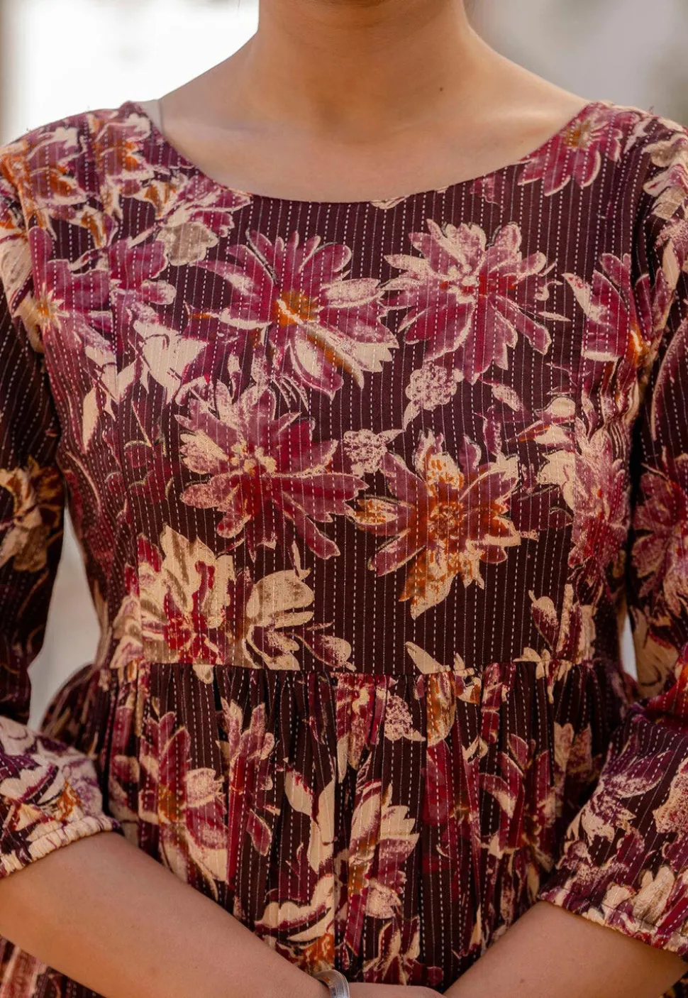Printed Pure Cotton Lurex Aline Dress in Wine