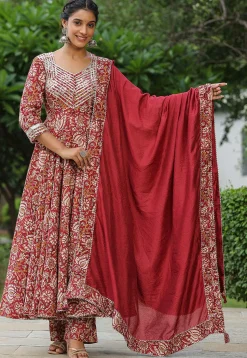 Printed Pure Cotton Lurex Aline Suit in Red