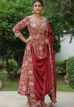 Printed Pure Cotton Lurex Aline Suit in Red