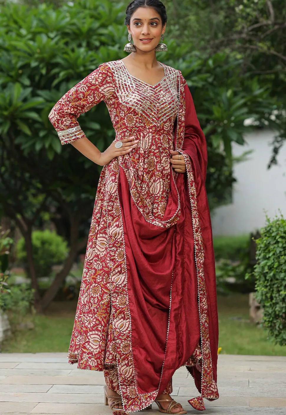 Printed Pure Cotton Lurex Aline Suit in Red