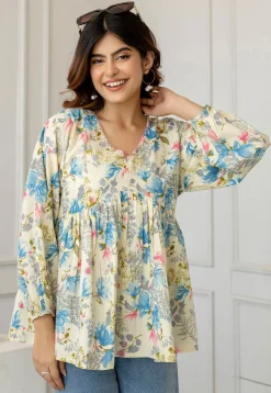 Printed Pure Cotton Lurex Kurti in Light Beige