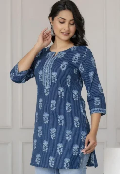 Printed Pure Cotton Lurex Straight Kurti in Navy Blue