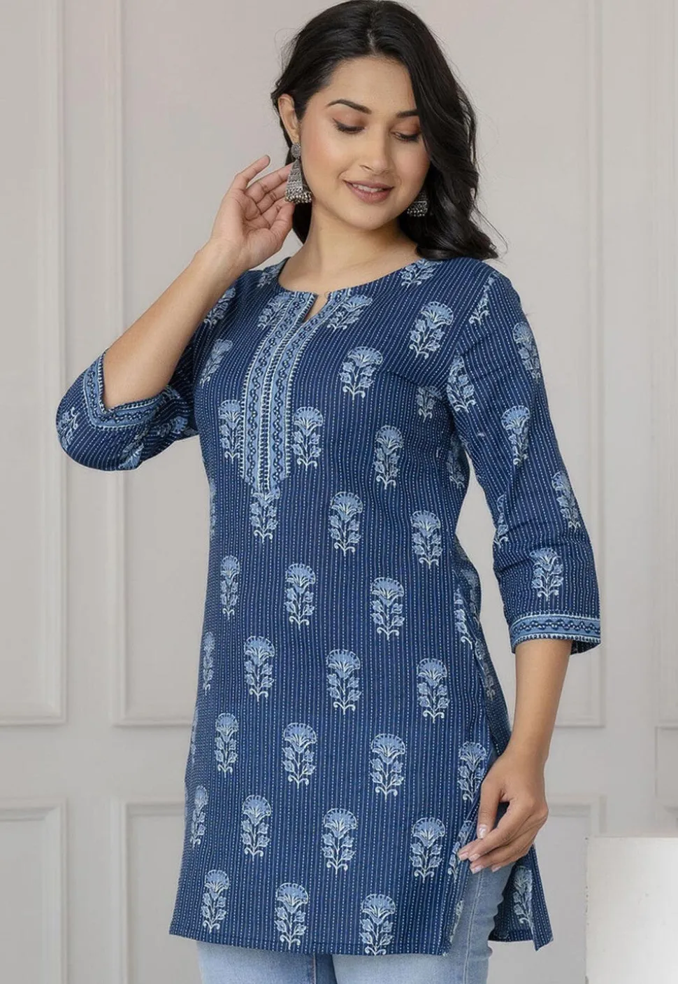 Printed Pure Cotton Lurex Straight Kurti in Navy Blue