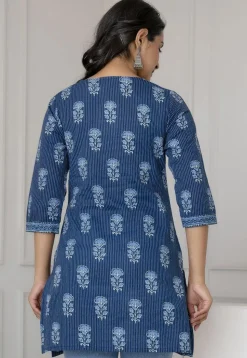 Printed Pure Cotton Lurex Straight Kurti in Navy Blue
