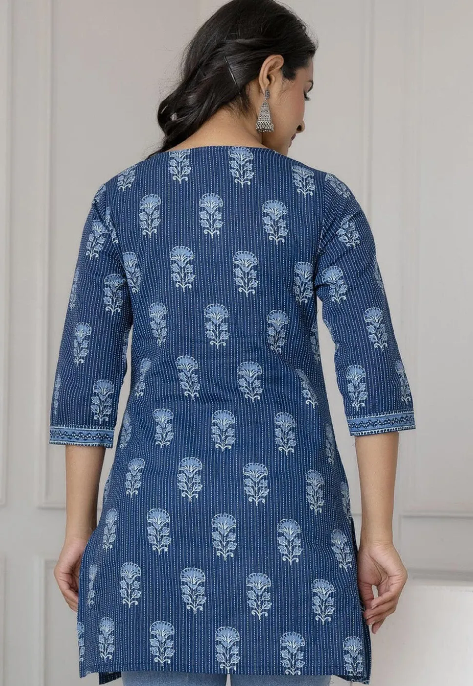 Printed Pure Cotton Lurex Straight Kurti in Navy Blue
