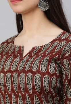 Printed Pure Cotton Lurex Straight Kurta in Dark Brown