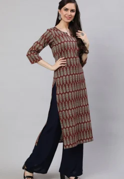 Printed Pure Cotton Lurex Straight Kurta in Dark Brown