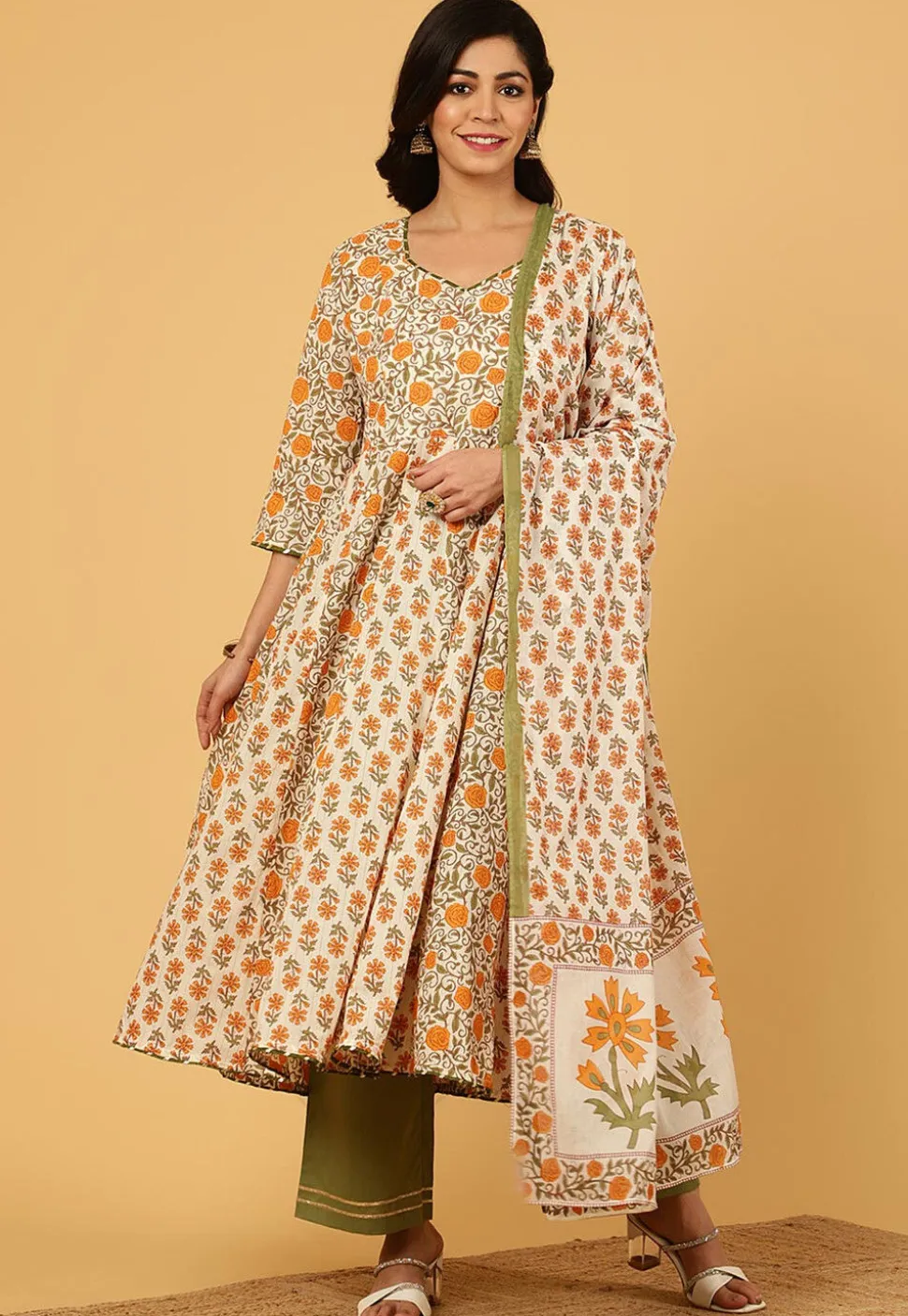 Printed Pure Cotton Lurex Anarkali Suit in Off White
