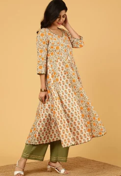 Printed Pure Cotton Lurex Anarkali Suit in Off White