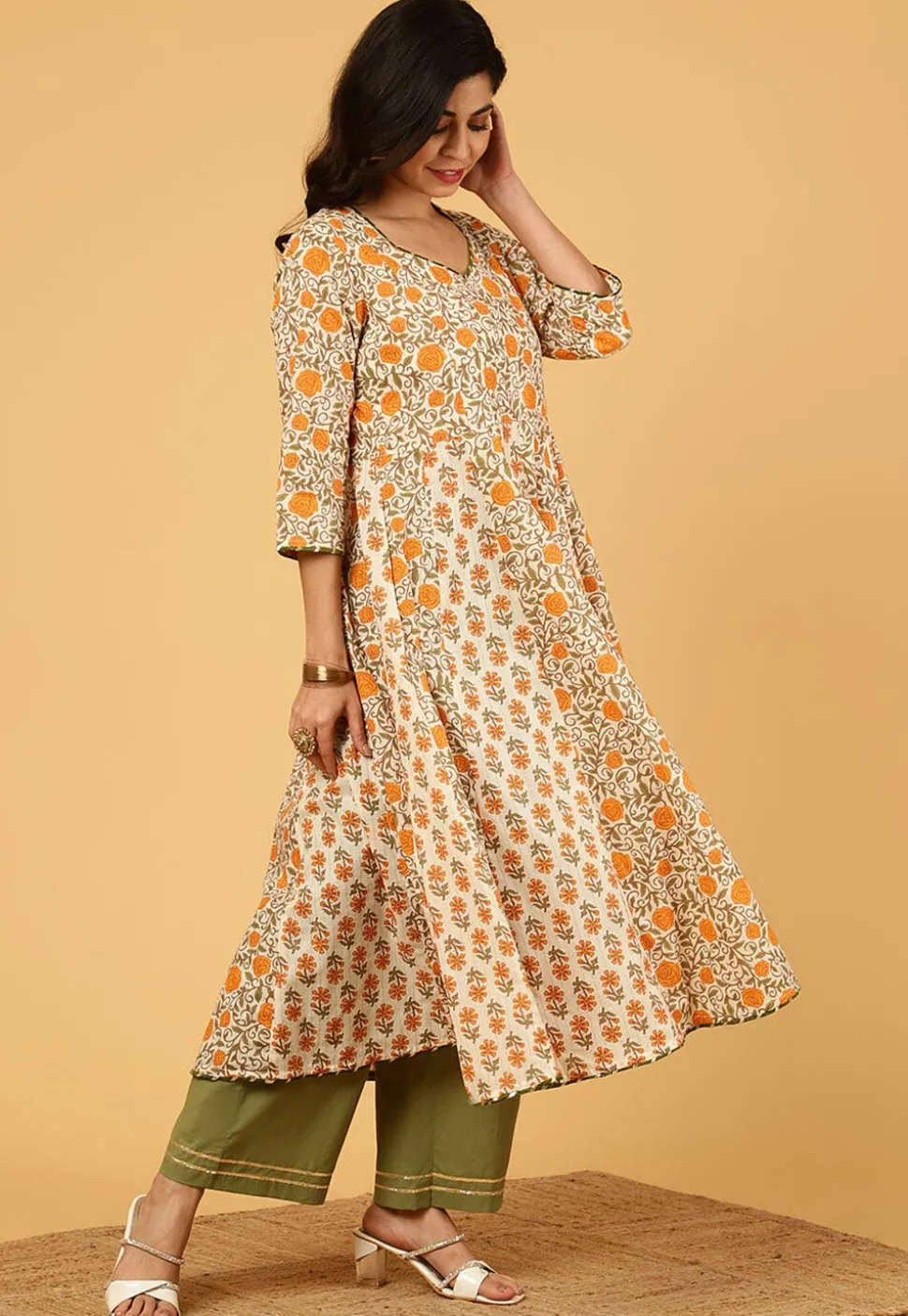 Printed Pure Cotton Lurex Anarkali Suit in Off White