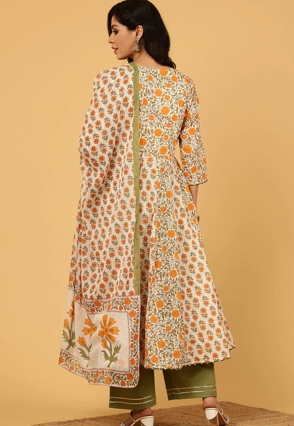 Printed Pure Cotton Lurex Anarkali Suit in Off White