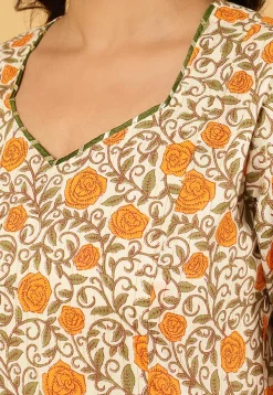 Printed Pure Cotton Lurex Anarkali Suit in Off White