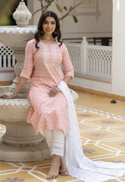 Printed Pure Cotton Lurex Pakistani Suit in Light Peach
