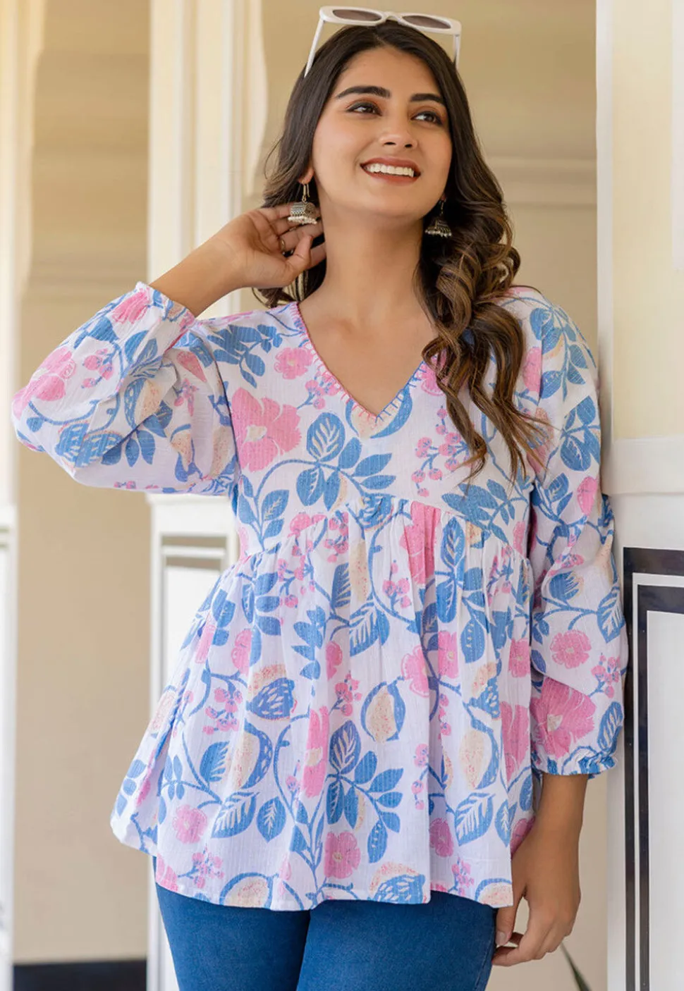 Printed Pure Cotton Lurex Kurti in White