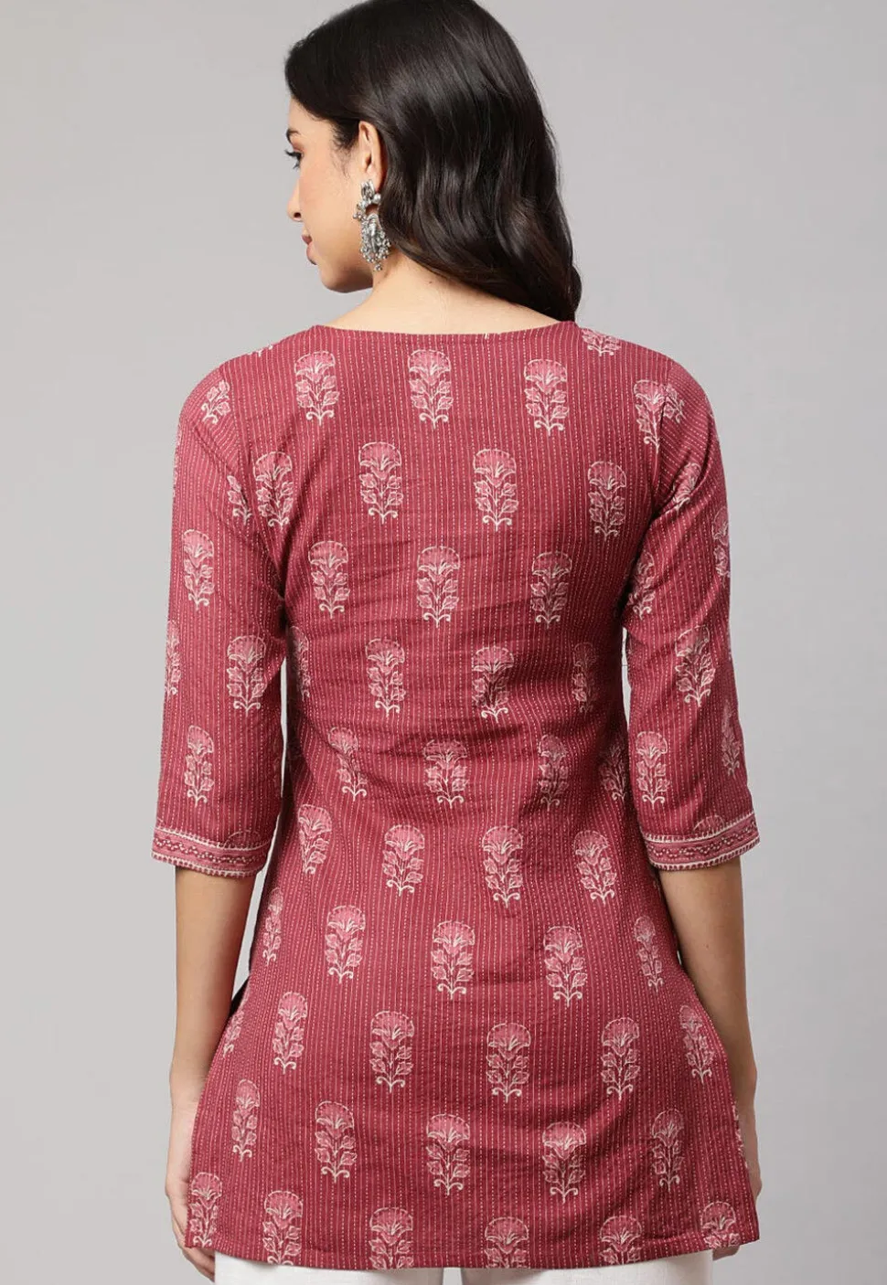 Printed Pure Cotton Lurex Straight Kurti in Old Rose