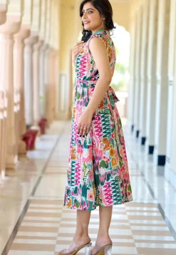 Printed Pure Cotton Lurex Aline Dress in Multicolor