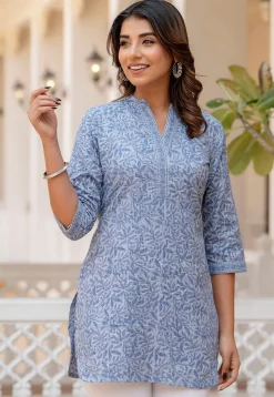 Printed Pure Cotton Lurex Kurti in Sky Blue