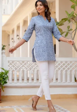 Printed Pure Cotton Lurex Kurti in Sky Blue