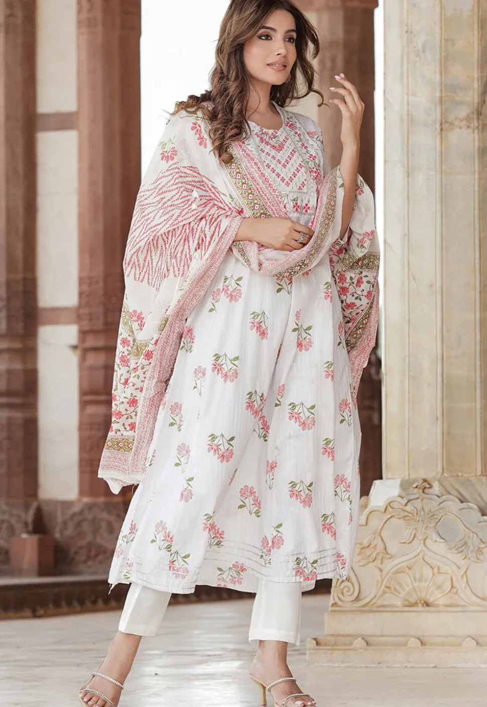 Printed Pure Cotton Lurex A Line Suit in White