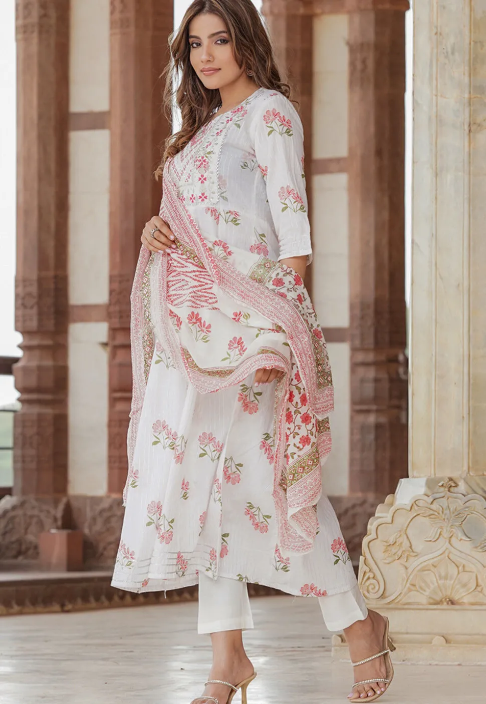 Printed Pure Cotton Lurex A Line Suit in White
