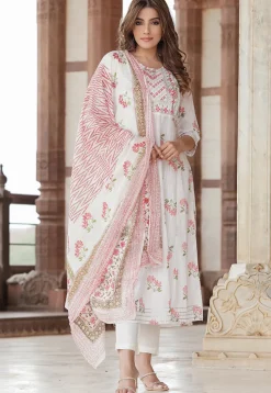 Printed Pure Cotton Lurex A Line Suit in White