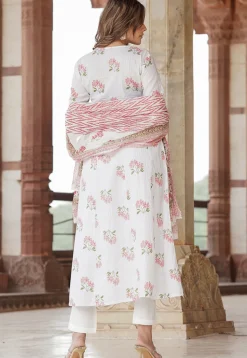 Printed Pure Cotton Lurex A Line Suit in White