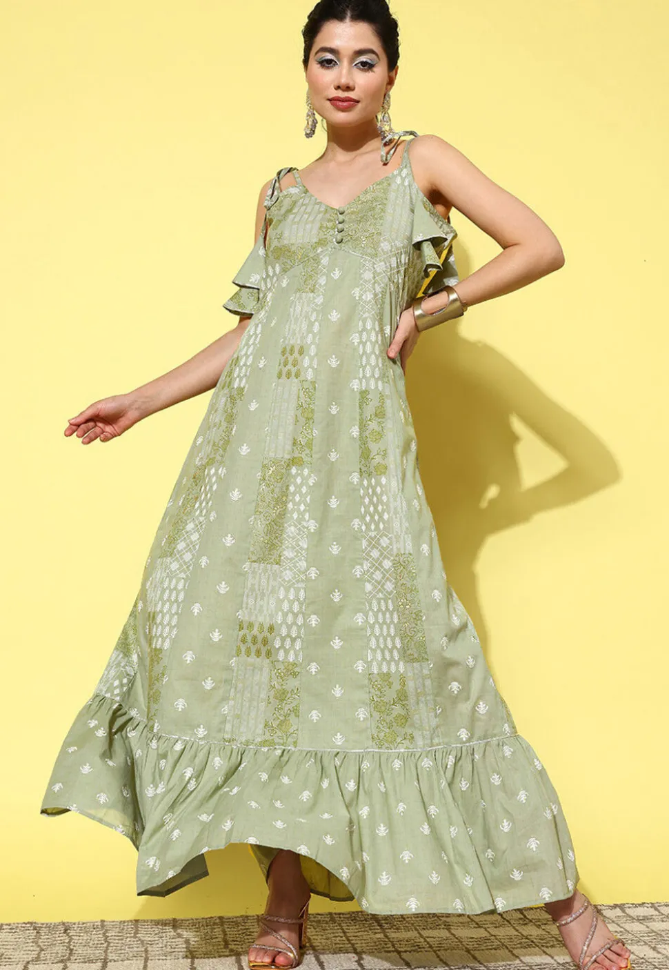 Printed Pure Cotton Maxi Dress in Dusty Green