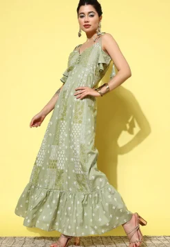 Printed Pure Cotton Maxi Dress in Dusty Green