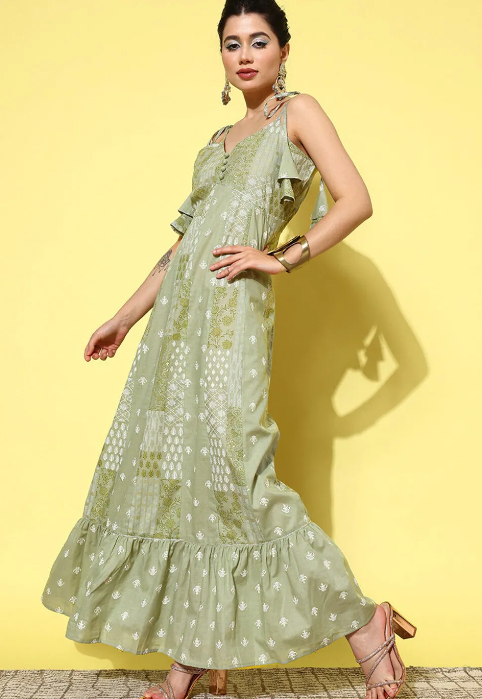 Printed Pure Cotton Maxi Dress in Dusty Green