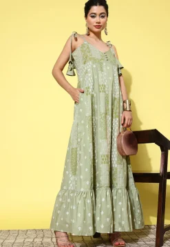 Printed Pure Cotton Maxi Dress in Dusty Green