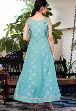 Printed Pure Cotton Maxi Dress in Light Teal Blue