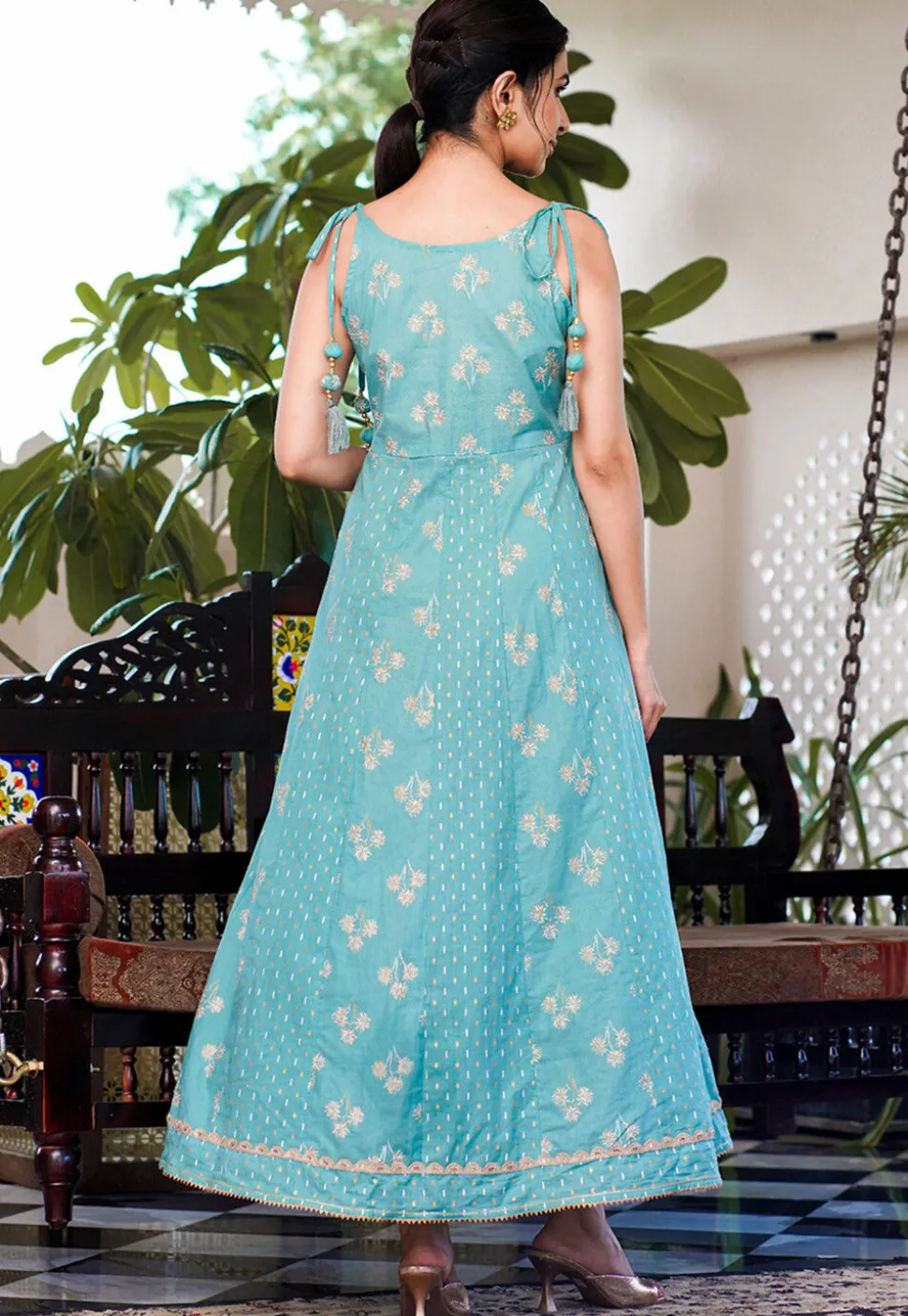 Printed Pure Cotton Maxi Dress in Light Teal Blue